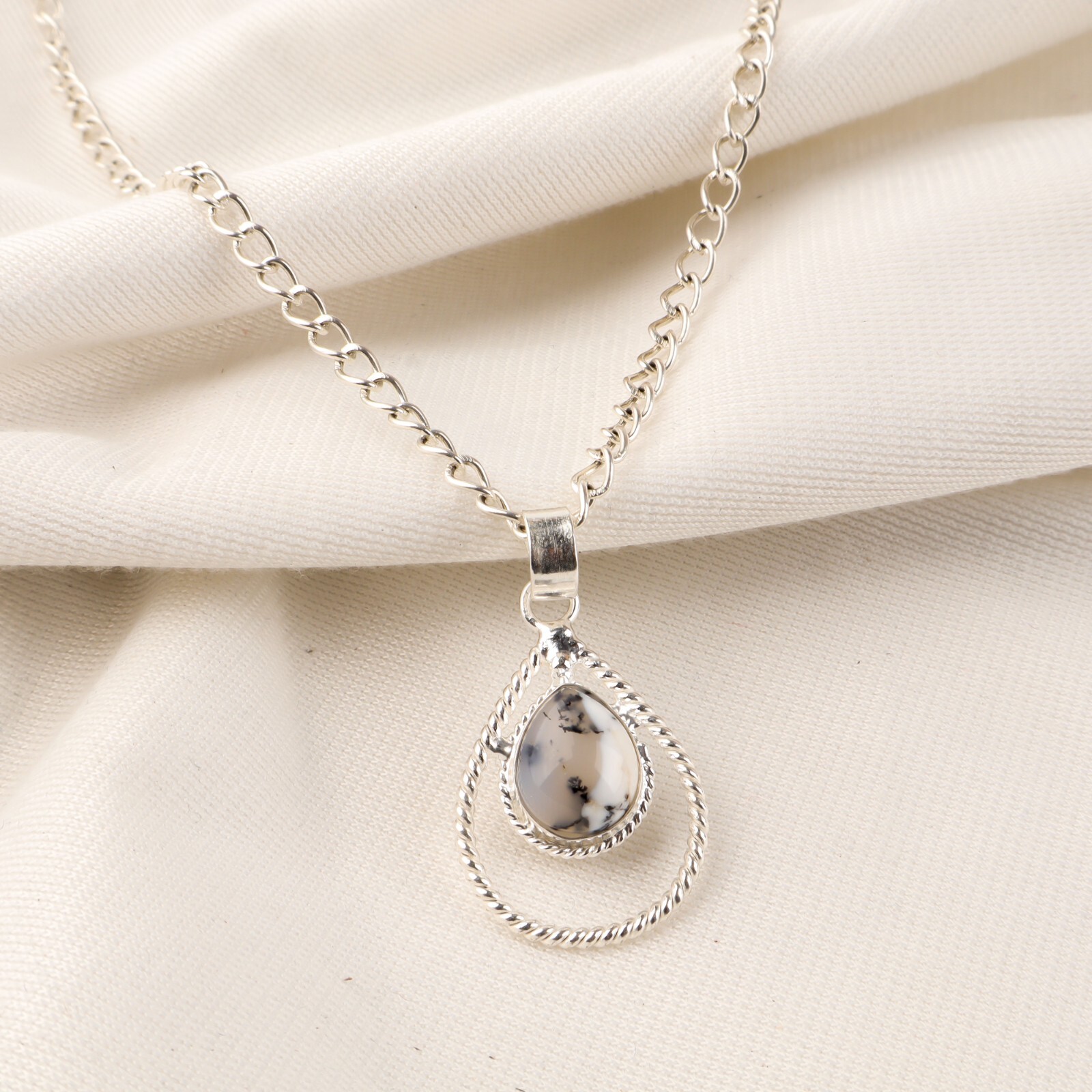 Valentines Sale 925 Silver Faceted Natural Dendritic Opal Bezel Wedding Pendant