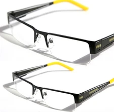 Rectangular Half Rimless Metal Sun-Glasses Optical RX Black Yellow Clear Lens