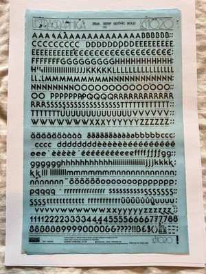 1 x Letraset Letragraphica LG1020 SERIF GOTHIC BOLD 36pt Buchstaben/Num GEBRAUCHT