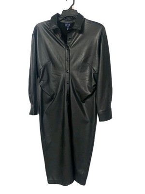 faux leather midi shirt dress Black Faux Leather Midi Belted Shirt Dress | Women