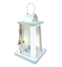 Puzzled Wooden Beach Lantern - White Wood Metal Lanterns with Starfish Rope A...