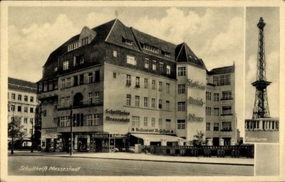 Ak Berlin Charlottenburg Westend, Schultheiss Messestadt, Funkturm - 4220219