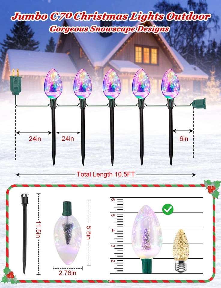 Jumbo C9 Decoraciones Navideñas Exterior, 8FT Impermeable Plug-In Pathway Lights Co Foto 2 de 4