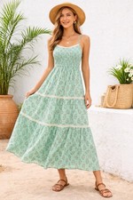 Red Lollipop Boho Maxi Dress Women’s Size M Green Tiered Lace Trim Sundress 