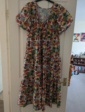 Women’s S/M Pink Multicolour 90s Graphic Smiley V-Neck Puff Sleeve Midi Dress