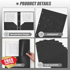 Yeaqee Plastic Folders 50 Pcs Black - 3 Hole Punched 2 Pocket Binder Folders