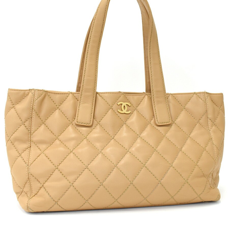 CHANEL Beige Gold Leather Coco Mark Matelasse Wild Stitch Tote Handbag