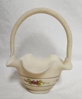 Fenton Ruffled Basket in Cameo Satin Custard, Hand-painted Grape band, Signed