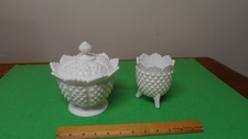 fenton hobnail mild glass candy dish w/ lid  3 footed vase. white