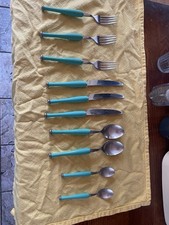 Flash Duo Vintage 10 piece cutlery Weighted Turquoise Handles Used VGC