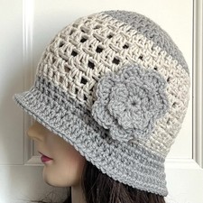 Handmade Womens Cloche Hat Crochet Flower 1920s Flapper Bucket Hat Gray Ivory