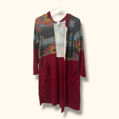 7th Ray Cardigan Womens S Hooded Open Front Long Duster Aztec Boho Cozy Red