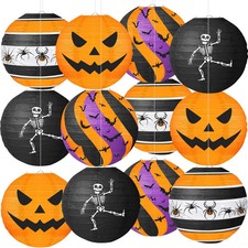 Halloween Paper Lanterns, 12 PCS Halloween Hanging Paper Lanterns, Orange Black