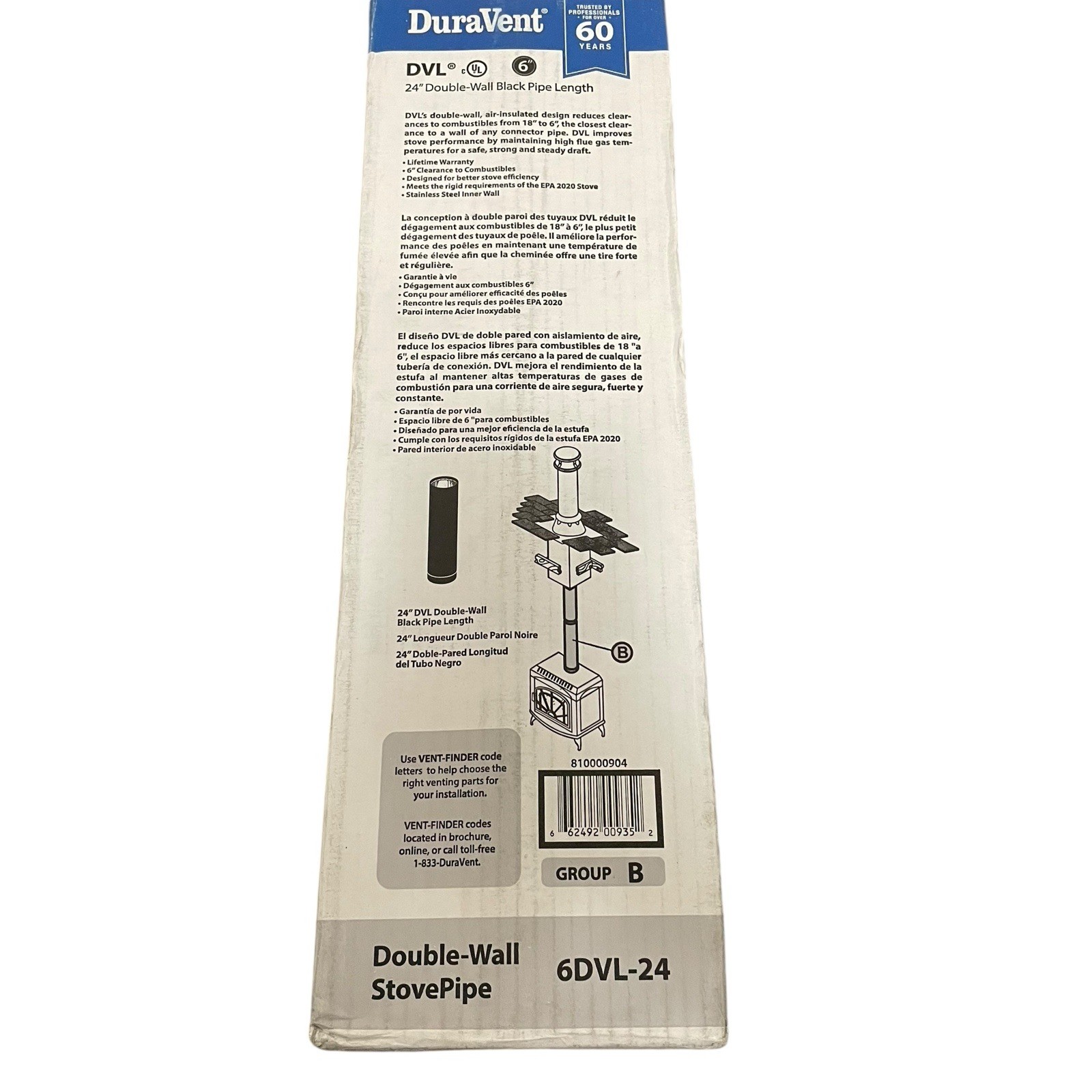 DuraVent DVL 6 in. x 24 in. Double-Wall Chimney Stove Pipe Black 6DVL-24