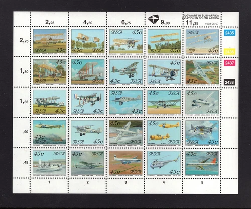 M264 South Africa 1993 SG779a Aviation. A complete sheetlet of 25. UMM Cat £17