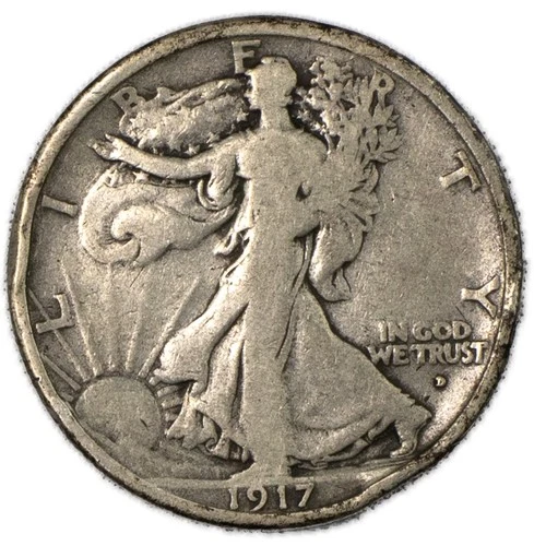 1917-D OBV Denver Walking Liberty Silver Half 50c Fine F+ Rim Dings