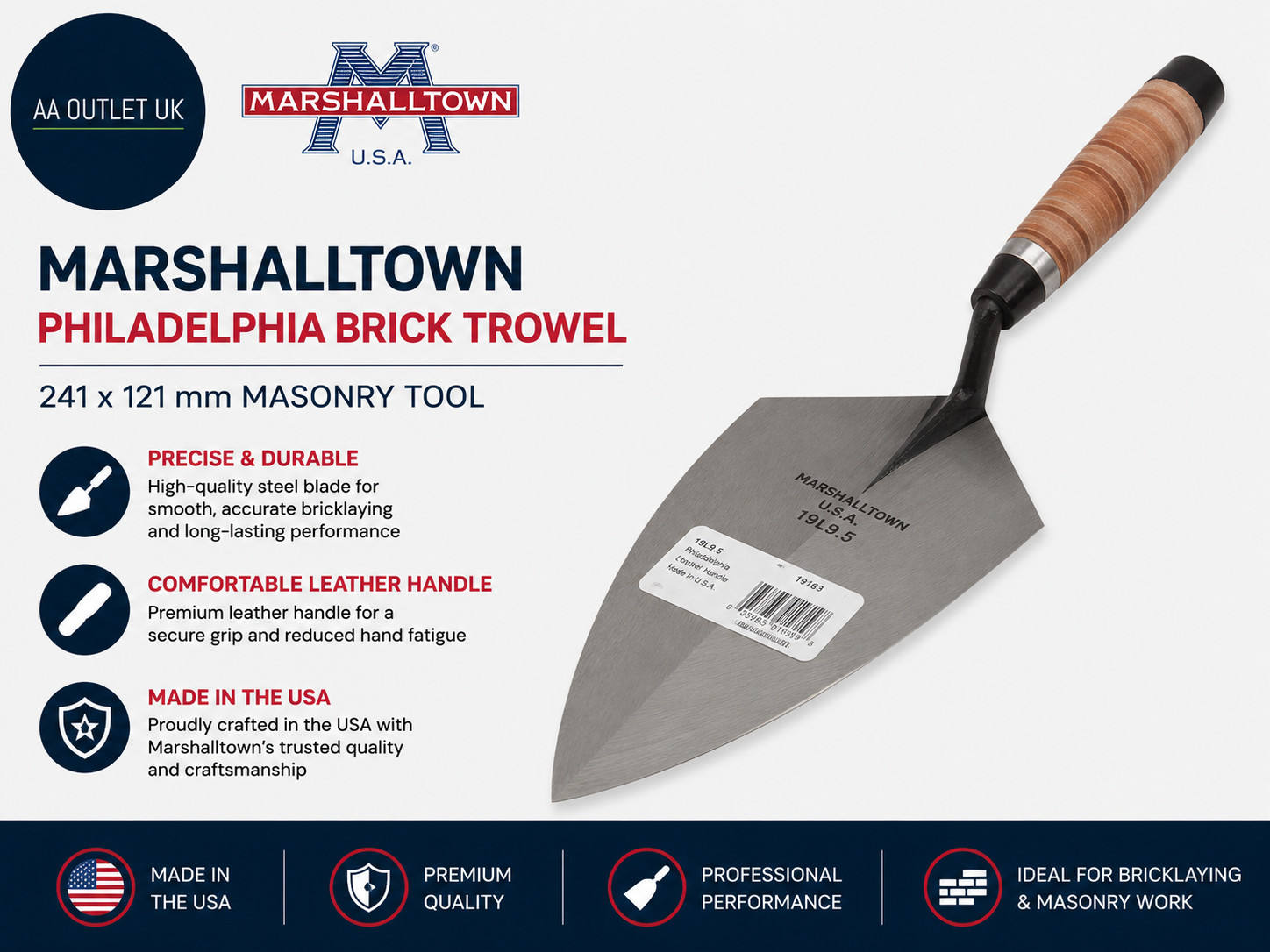 Marshalltown Philadelphia Brick Trowel 241x121mm Masonry Tool  Leather Handle