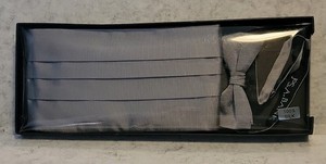 Jos. A. Bank 100% Silk Silver Cummerbund & Bow Tie Set Adjustable
