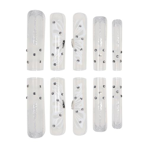 Extra Long Press on Nails Square Shape Fake Nails White Butterfly Acrylic - Picture 3 of 7