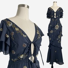 ASOS DESIGN ruffle detail short sleeve embellished midi dress in navy floral 6P