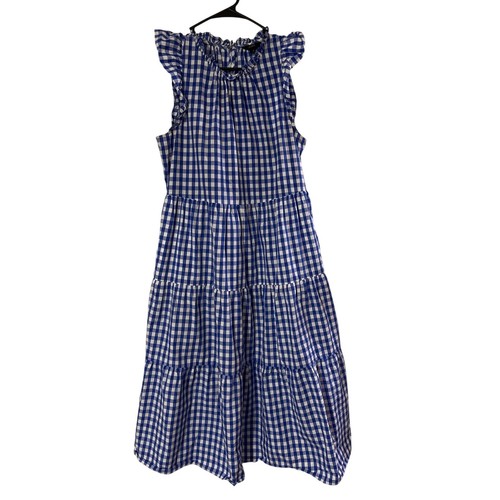J.Crew Gingham Dress Medium White Blue Tiered Ruffle Cap Sleeve Summer Picnic - Picture 3 of 13