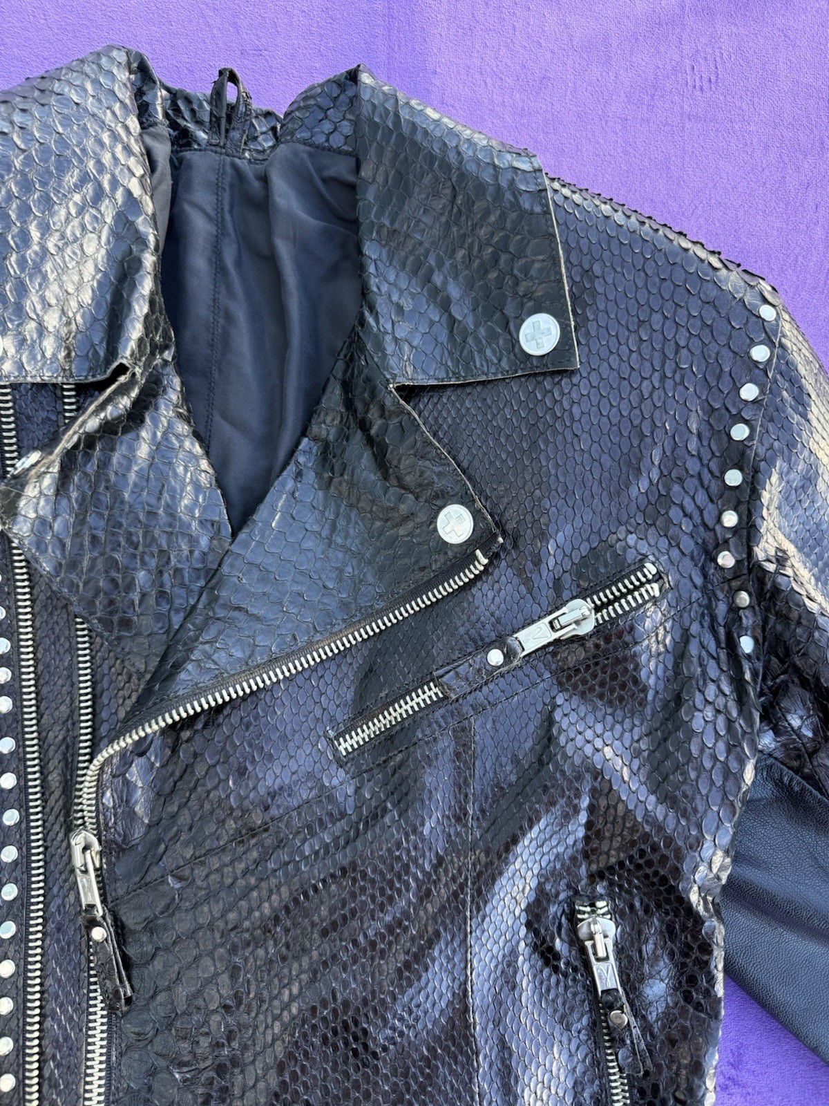 Genuine Python Leather Biker Jacket with Leather … - image 5