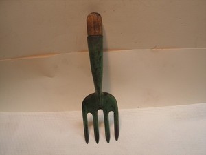 Vintage GREEN FORK Mid Century Hand Garden Tools: 11" Length Metal High up on Ha