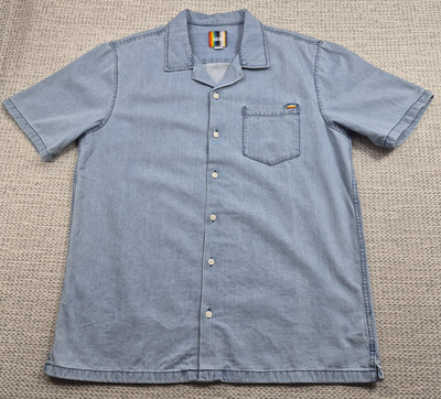 Vans Button Up Shirt Mens XL Blue Denim Short Sleeve Rainbow Embroidered