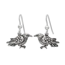 Sterling Silver Raven Dangle Earrings - Crow Avian Bird French Hook Jewelry