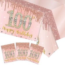 3 Pack 100th Birthday Decorations Rose Gold 100 Years Old Birthday Tablecloth Pl