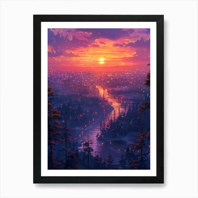 Sonnenuntergang über einer Stadt 1 Kunstdruck Rahmen gerahmt Wandbild Poster Leinwanddruck Bild