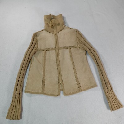 Vintage Leather Jacket Womens Large Beige Boho Hippie Patchwork Knit Western Fob