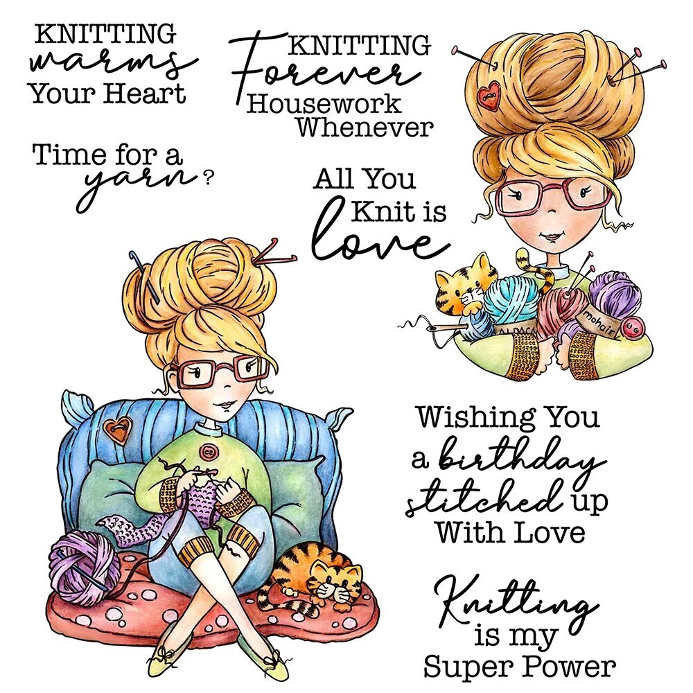 Knit Women Cat Love Metal Cutting Die Clear Stamp Cardmaking Craft Dies