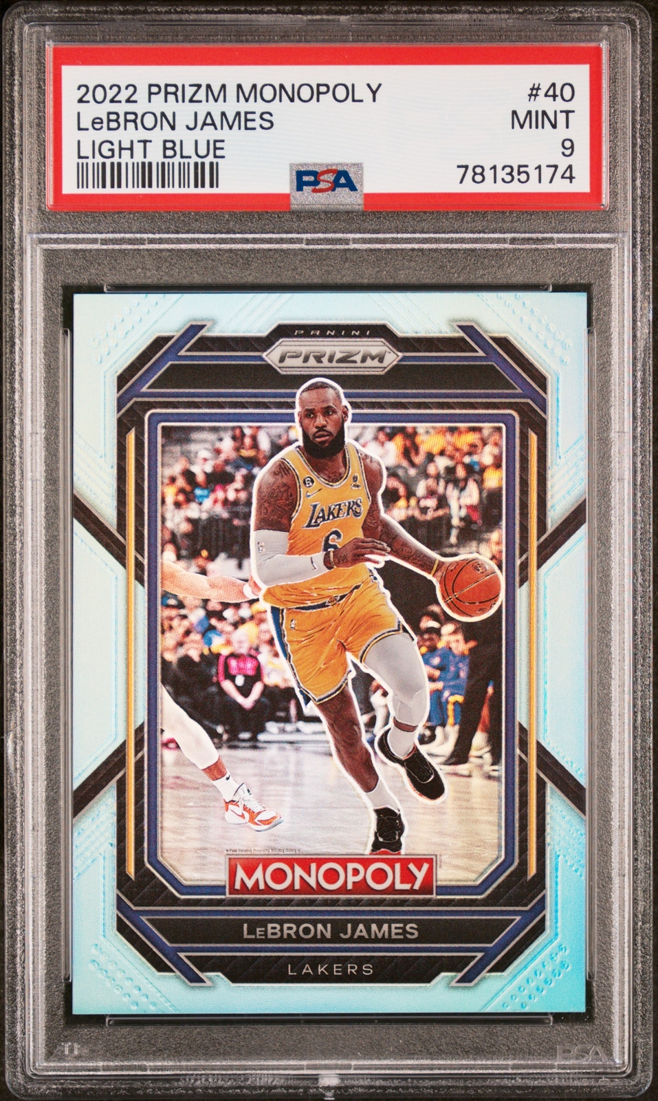 2022 PANINI PRIZM MONOPOLY LIGHT BLUE #40 LEBRON JAMES 71/199 PSA 9