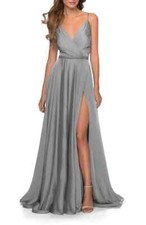 La Femme Platinum Silver Gray V-Neck High Leg Slit Chiffon Ballgown Size 4 328
