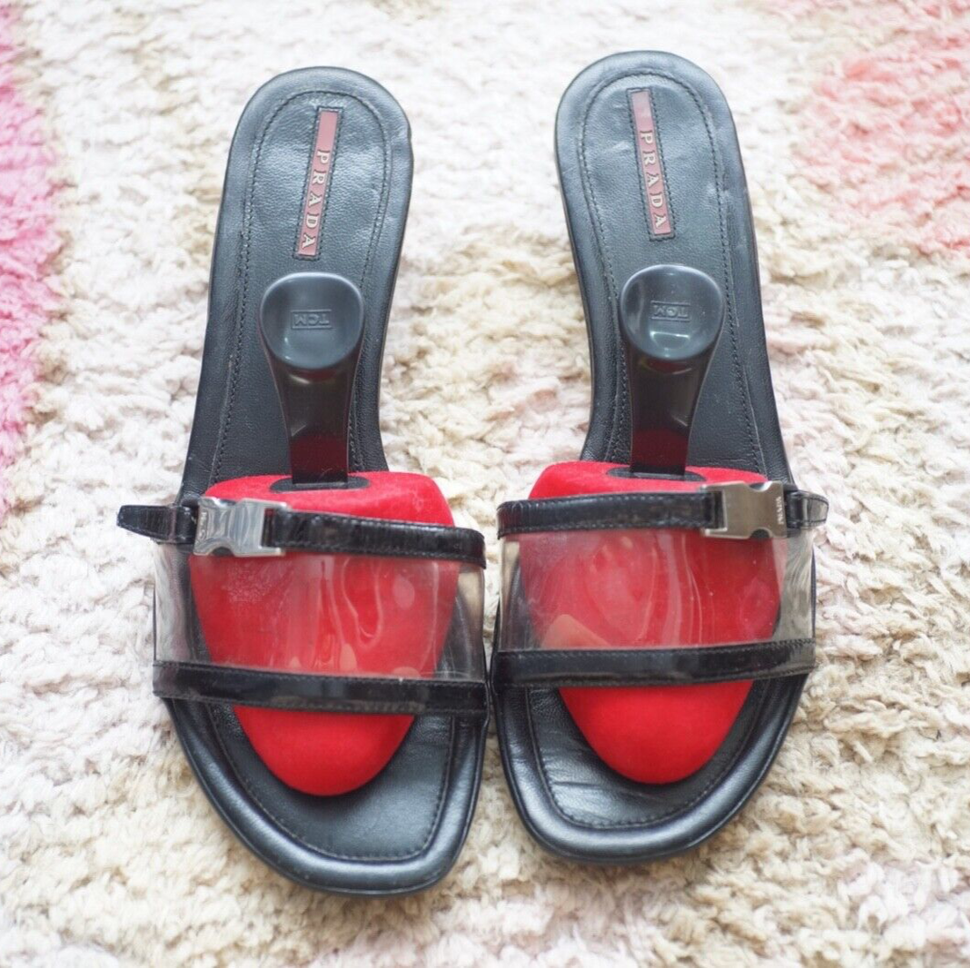 PRADA black clear upper kitten heel slides sandals size 40 slim