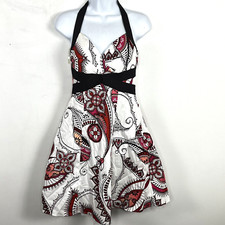 Halter Paisley Mini A Line Dress Black Red Sz S Open Back Boho Y2K Festival Chic