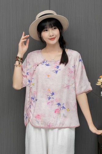 Womens Retro floral Printed Cotton Linen Tops Shirt Round Neck Short Sleeves New - Picture 11 of 44