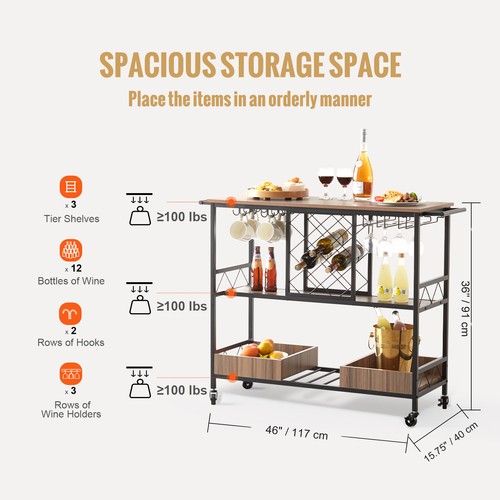 VEVOR 3-Tier Bar Serving Cart Rolling Trolley with Wine Grid Glass Holder 300LBS - Picture 3 of 12