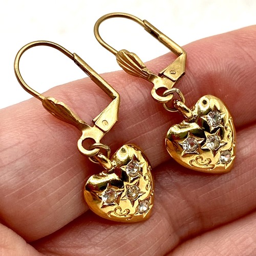 Vintage Trifari TM GoldTone Rhinestone Heart Dangle Earrings Star Hammered U
