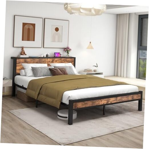Metal Queen Bed Frame with Wood Headboard, Storage & USB Charging Ports