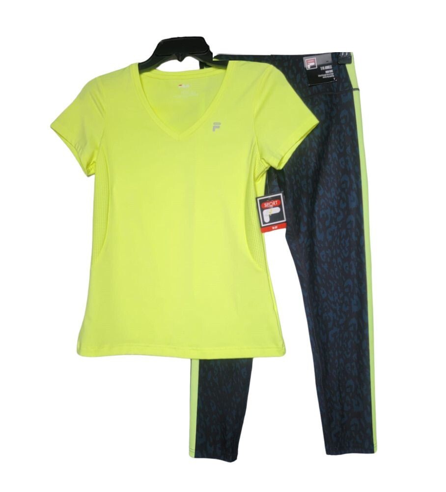 ⭐SET ATTIVO DONNA TAGLIA S FILA SET 2 PEZZI NERO VERDE STAMPA ANIMALIER TSHIRT lEGGING TSHIRT