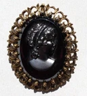 Vintage Black Gold Victorian Cameo Costume Brooch Pin Jewelry