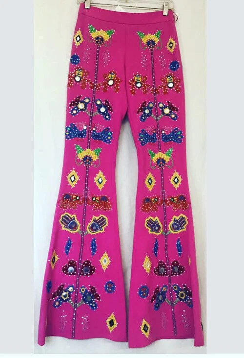 Pantalones Moschino Rosa Brillante Bordados Espejados Campana Elastizados Nuevos con Etiquetas Talla 4