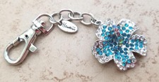 Rhinestone Hibiscus Flower Purse Fob, Keychain Hawaii Aloha Silvertone, New