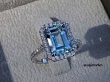 2CT Emerald Cut Real Aquamarine 14K White Gold Finish Wedding Halo Jewelry Ring