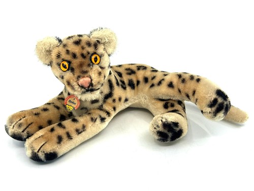 Steiff Ocelot Katze liegend 1964 Ausweis Truhe Etikett Mohair Plüschtier 17 cm 7 Zoll selten Vintage