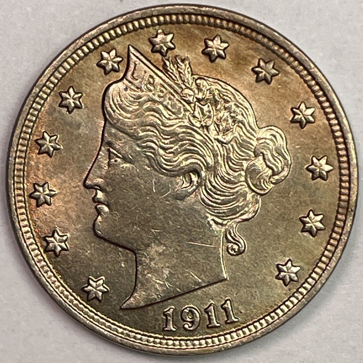1911 Golden Toning Liberty Head V Nickel Brilliant Uncirculated BU