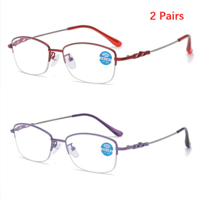 2 Pairs Women Memory Metal Anti Blue Light Reading Glasses Half Frame Glasses