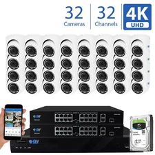32 Channel 4K NVR (32) 8MP 2160p Home IP POE Dome Security Camera System 8TB HDD